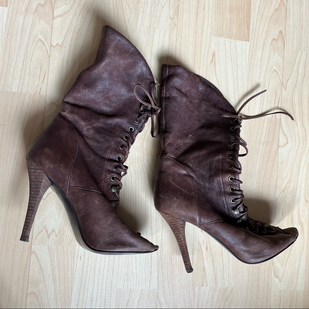 Brown Leather Lace Up Boots Shoes Heels Peep Toes Size 7.5
